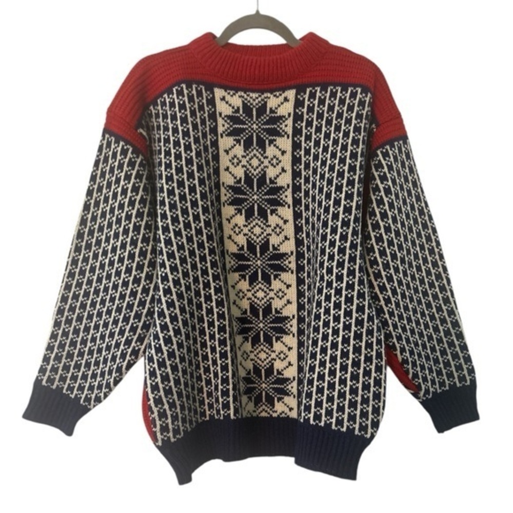 Lillunn for Norway Knitting Vintage 100% Wool Nordic Sweater Red Cream Navy XL